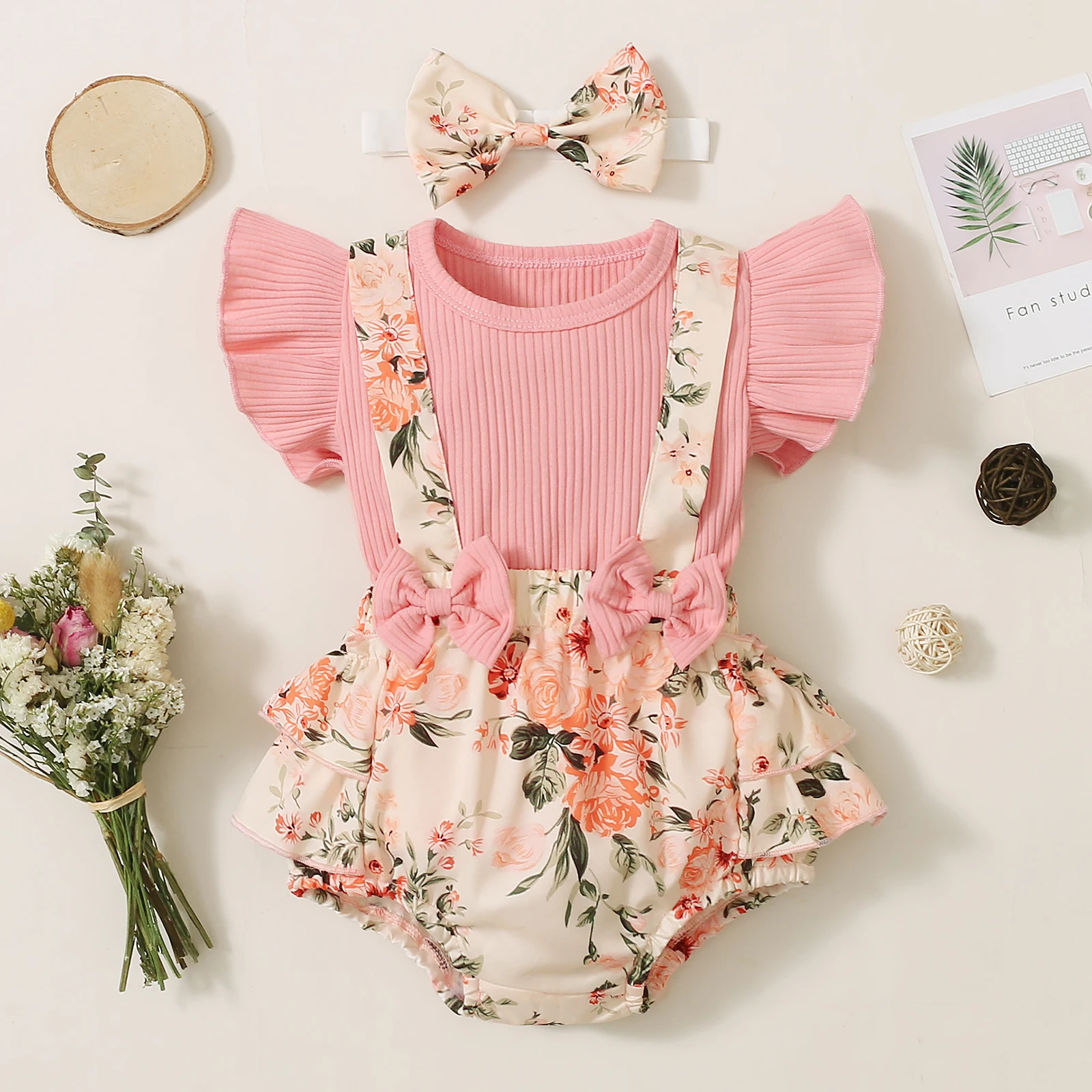 0-18M Newborn Baby Girls Summer Cotton Clothes Sets Ruffled Short-Sleeved Top + Suspender Skirt 3pcs Outfits For Baby Girls