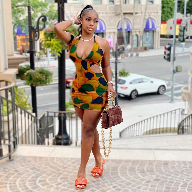 

2022 Summer Printed Women Mini Dress Halter Temperament Hollow High Waist Backless Bodycon Dress Vestido Feminino