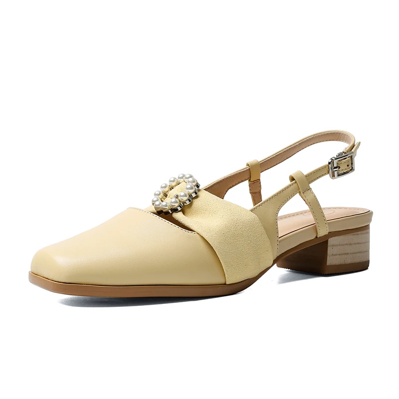 

FOREADA Natural Genuine Leather Med Heels Women Slingbacks Shoes Pearl Thick Heel Footwear Dress Square Toe Female Pumps Size 40
