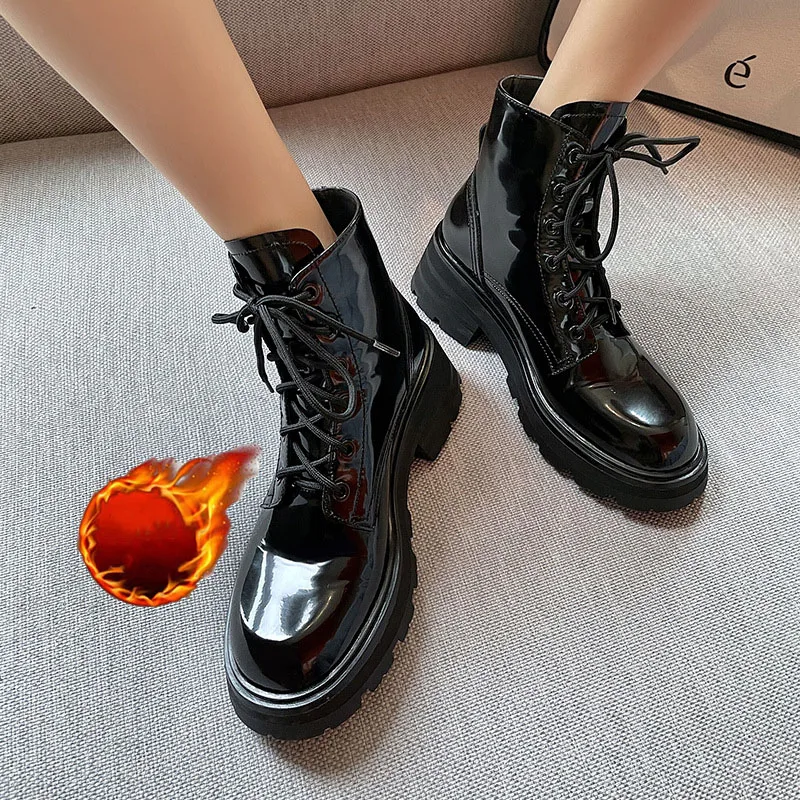 

Short Boots 2021 Autumn Winter New Plush Thickened Fashion Round Head Cross Lace Up Thick Heel High Heel Black Casual Women's