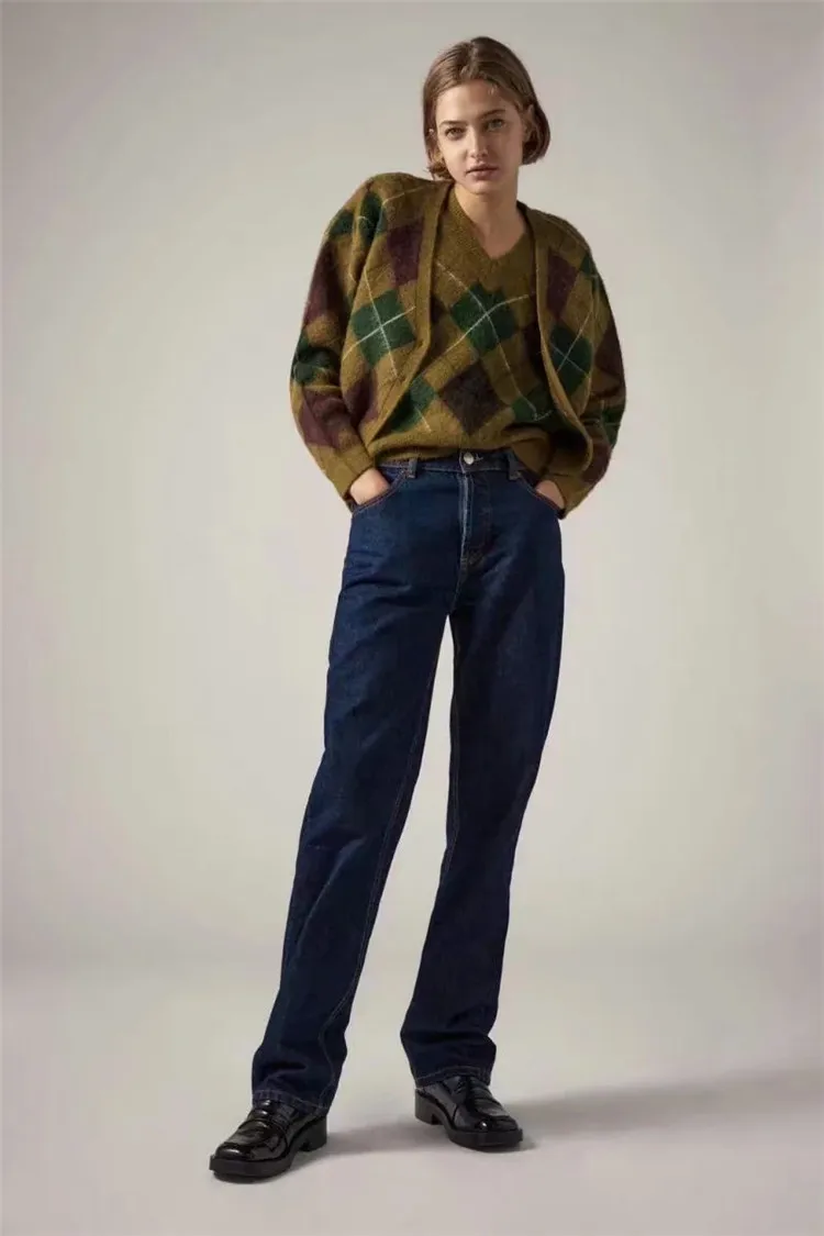 

Vintage V-Neck Plaid Long Sleeve Women Sweater 2020 Autumn Winter Short Knitted Cardigan Sweaters Womes England Style Tops