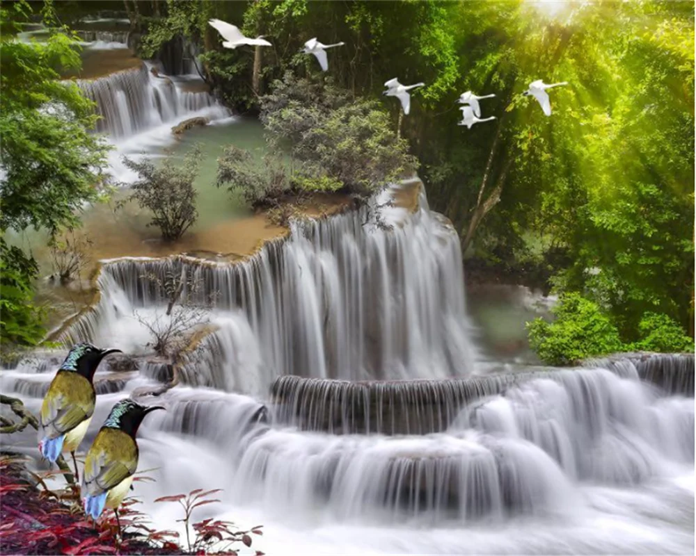 

beibehang Custom Wallpaper HD 3D Beautiful Purple Maple Forest Waterfall Flowing Water Landscape Painting Background Wall