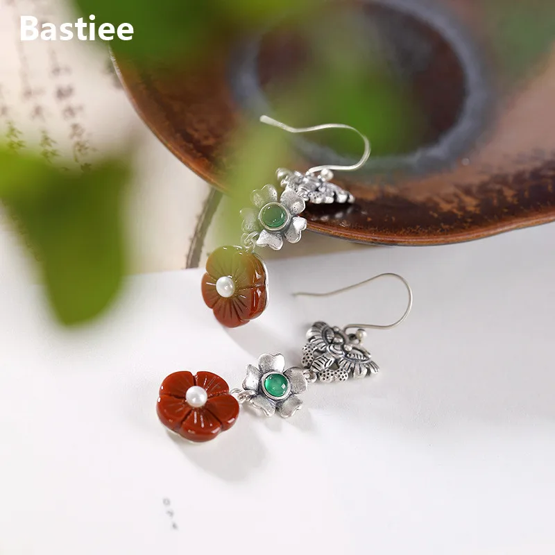 Bastiee Vintage 925 Sterling Silver Butterfly Drop Earrings Luxury Jewelry For Women Dangle Earings Red Agate