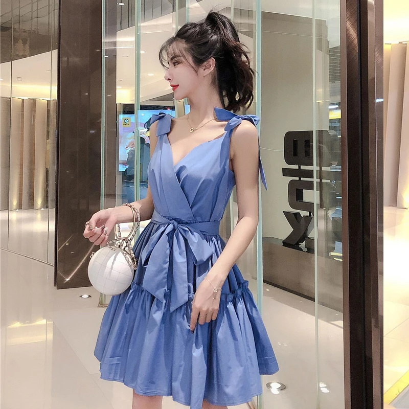 Сексуальное платье новое летнее милое с бантом и тонкой талией юбка принцессы на