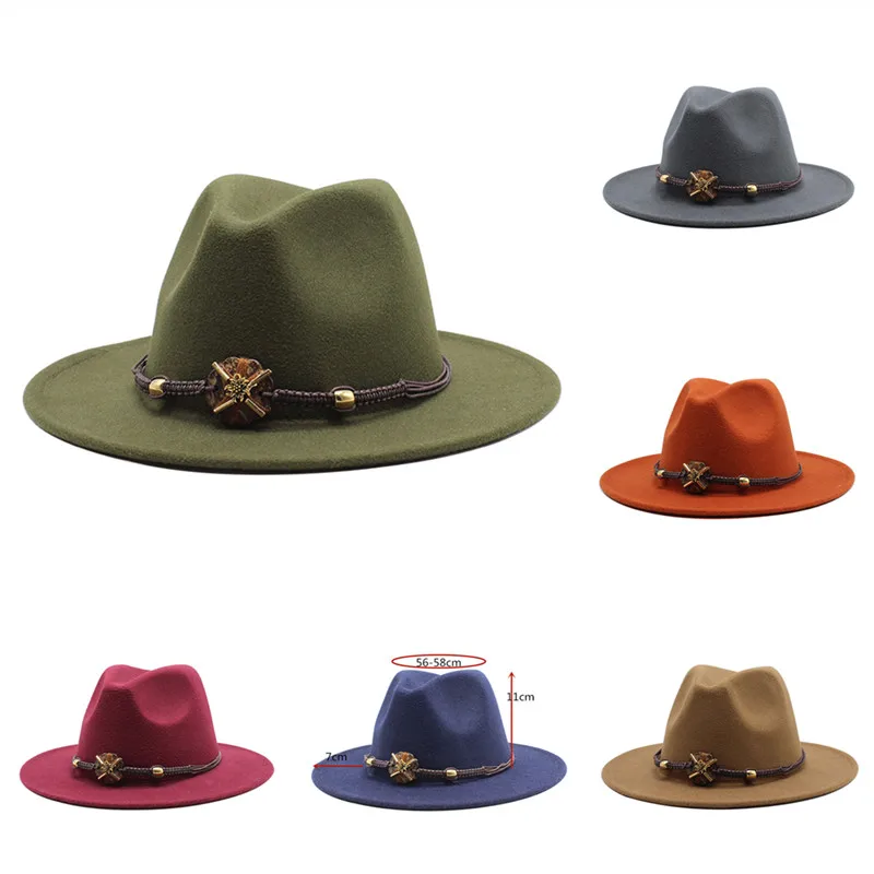

Vintage Felt Fedoras With Chain Woolen Women Men Wide Brim Top Hat Jazz Caps European American Round Caps Bowler Panama Spring