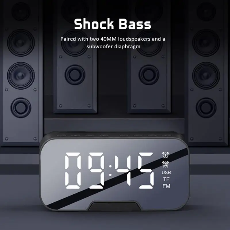

Wireless Bluetooth Speaker With FM Mini Card Mirror Alarm Clock Audio Stall Collection Voice Prompt In Stock For Dropshipping