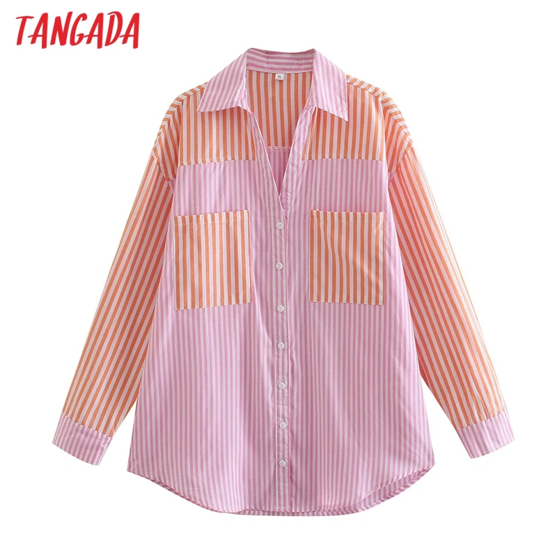 

Tangada Women Vintage Striped Print Oversized Shirt Long Sleeve 2021 Chic Female Casual Loose Shirt QJ133