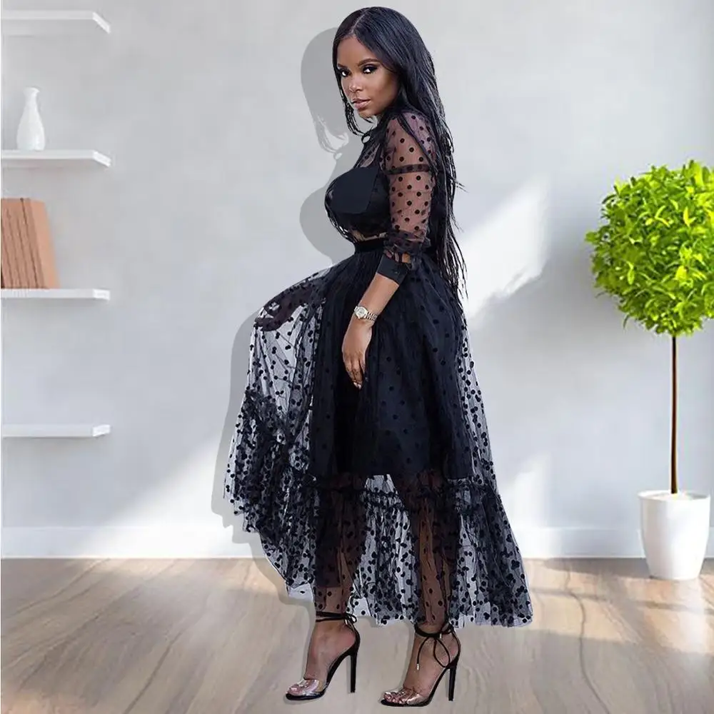 Платье в горошек с сеткой сексуальное для ночного клуба длинное спереди на