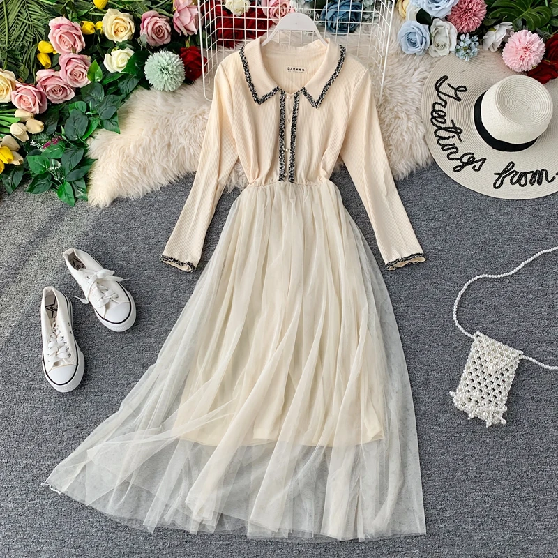 Женское Сетчатое платье с длинным рукавом однотонное повседневное облегающее