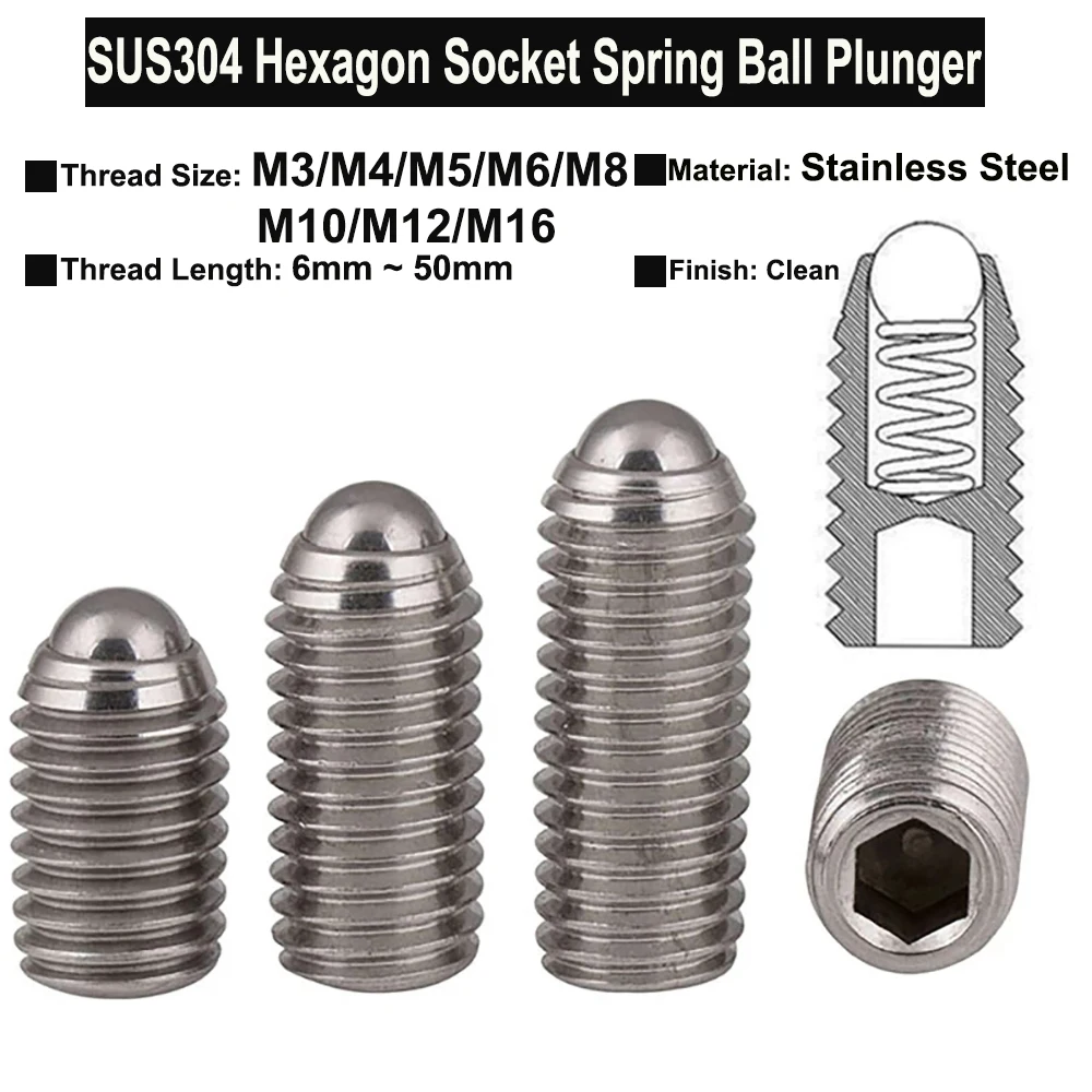 M3/M4/M5/M6/M8/M10/M12/M16 SUS304 Stainless Steel Hexagon Socket Spring Ball Plunger Point Set Screws Headless Screws Grub Screw