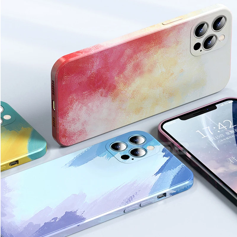 

Luxury Watercolor Painting Case for iPhone 11 12 Pro Max Mini SE 2020 X XS XR 7 8 Plus Square Frame Liquid Silicone phone Cover