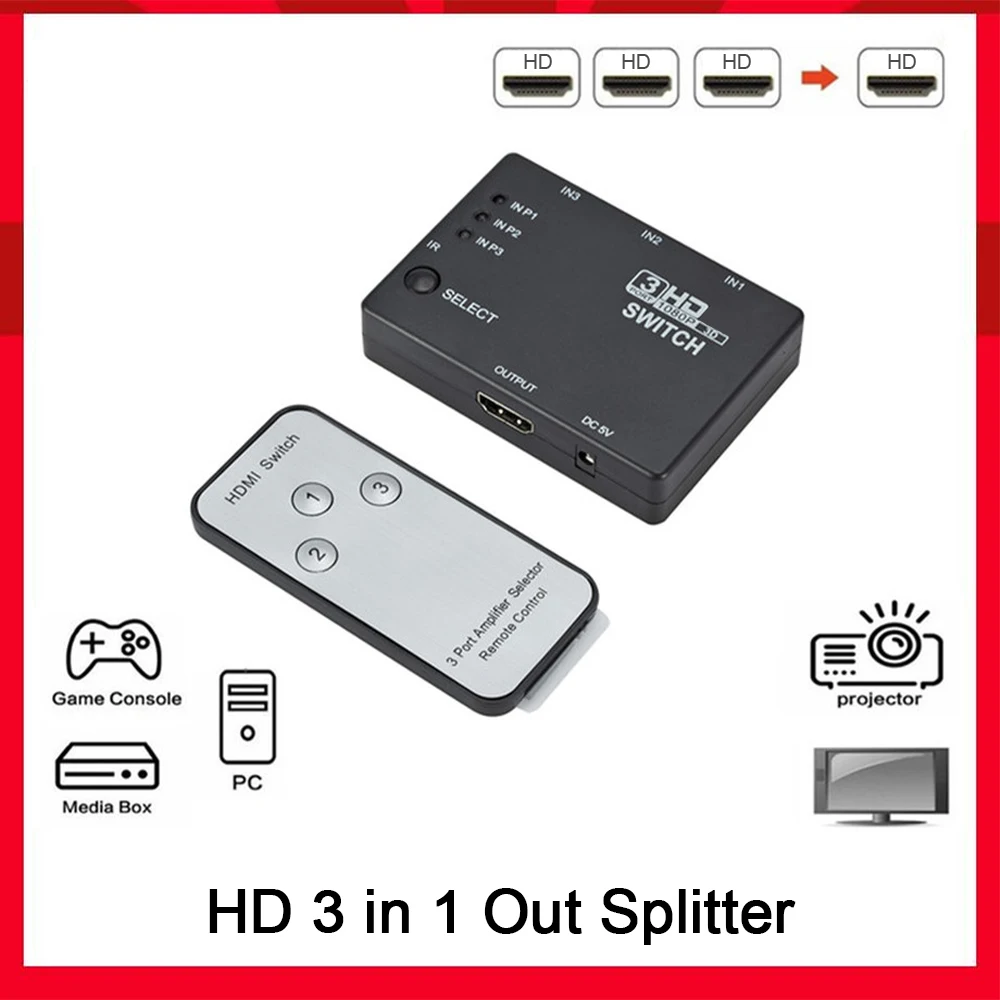 

New 3 In 1 Out Switcher 3 Port Hub Box with Remote Controller 1080P HD 1.4 HDMI-Compatible Splitter for HDTV for XBOX360