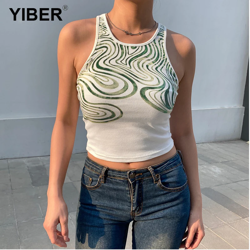 

Майка женская без рукавов, пикантный кроп-топ, Вязаная летняя одежда, уличная одежда с принтом, жилет для девочек, белый цвет