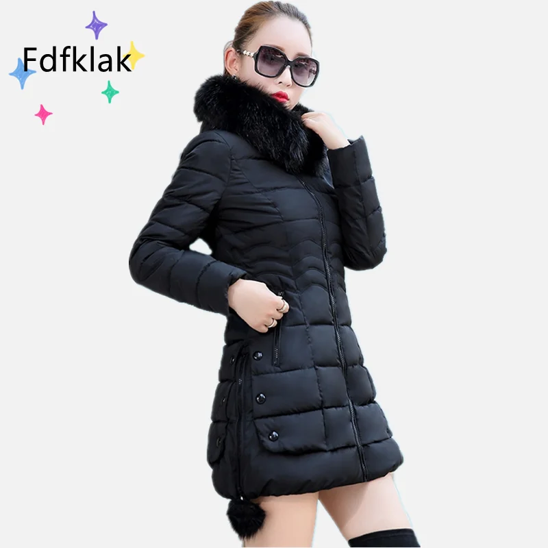 Fdfklak Plus Size Thick Slim-Fitting Women Winter Coat Mid-Length Korean Fur Collar Down Cotton Zipper Hoodie Oversize Jacket enlarge