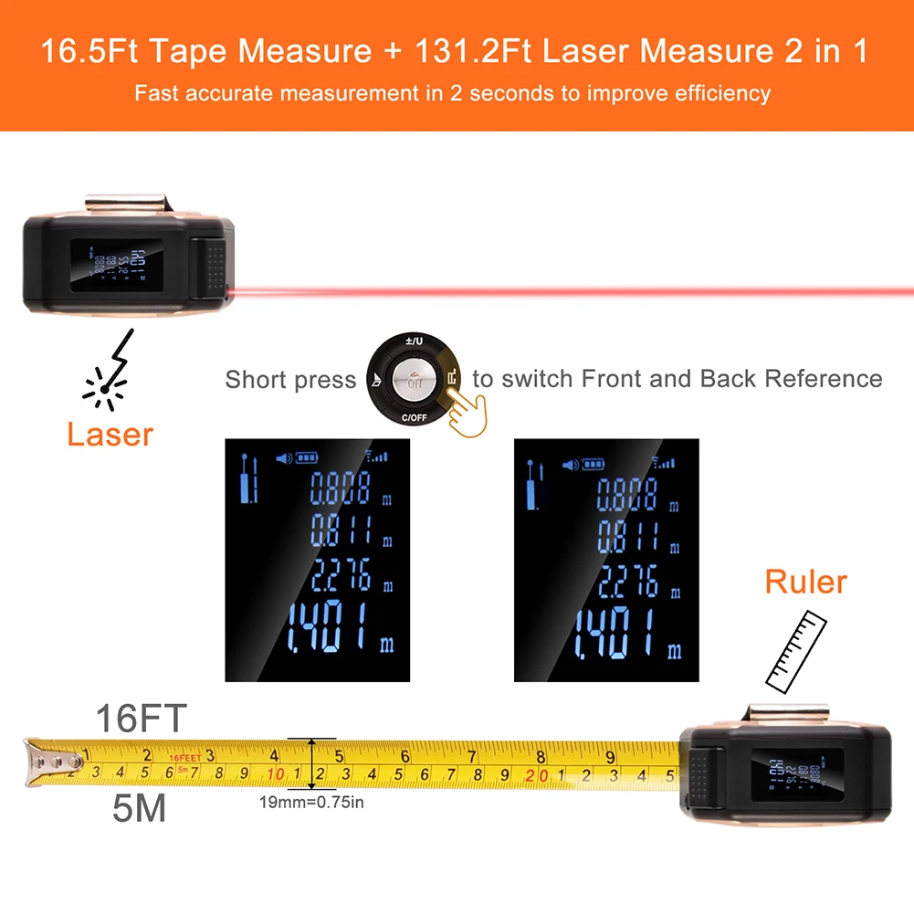 

40m Laser Tape Measure Measuring Tape Electronic Digital Display Rangefinder Distance Meter Automatic Calibration Measuring Tool