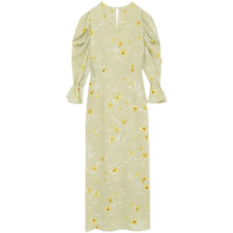 

XITAO Print Floral Casual Dress Women Drawstring Fashion New Style V Neck Collar Three Quarter Puff Sleeve Slim Elegant ZY4469