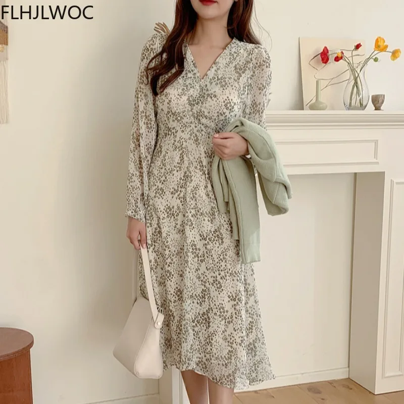 

2021 Spring Fenimine Vestidos Korea Japanese Style Women V Neck Temperament Lace-Up Floral Print Prairie Chic Dress