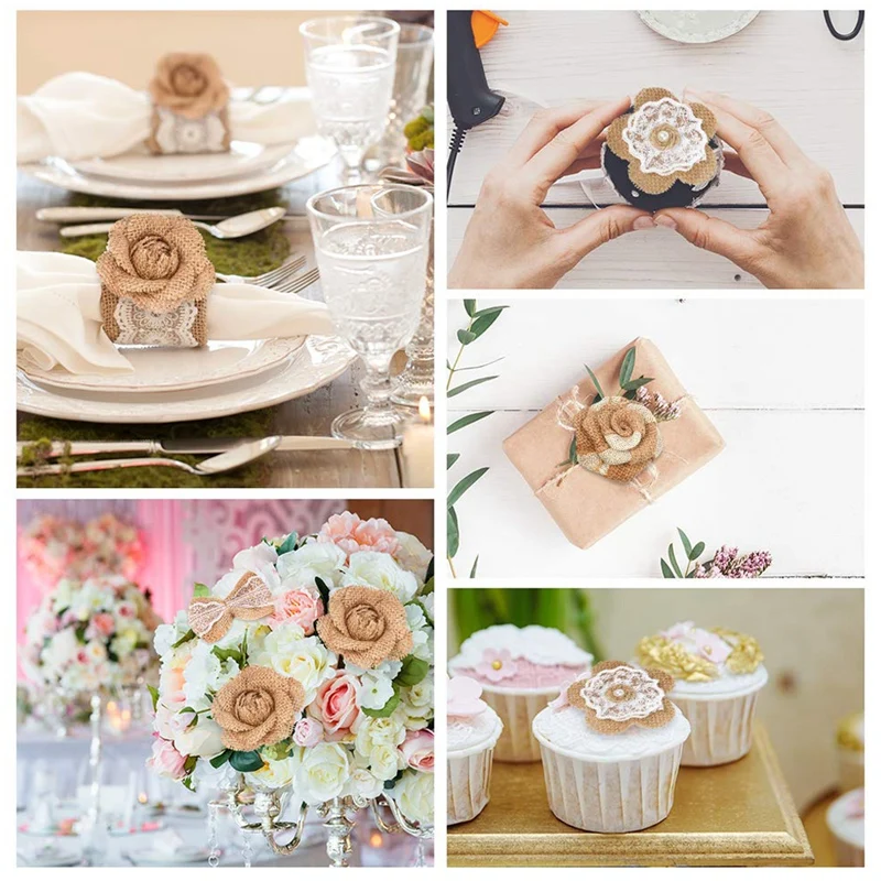 24Pcs Handmade Natural Burlap Flowers Include Rose Lace With Pearls Hibiscus | Дом и сад
