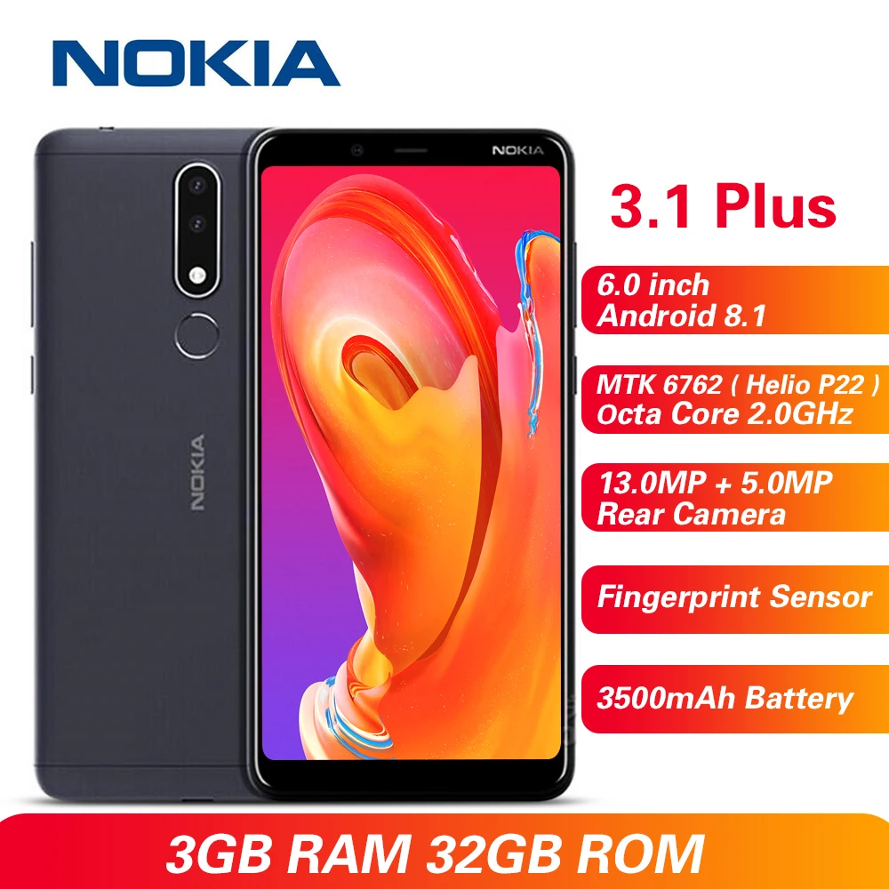 Nokia 3 1 Plus 4G 6 0 ''Android 8 MTK 6762 (Helio P22) Восьмиядерный 2 ГГц ГБ 32 13.0MP + 5.0MP отпечаток