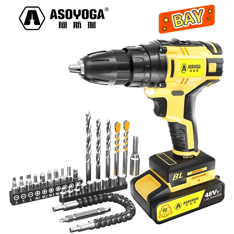 

ASOYOGA 12V Mini Brushless Impact Hand Drill Wireless Electric Power Drilling Machine Screwdriver Bit Tool Kit for Nail Home Use