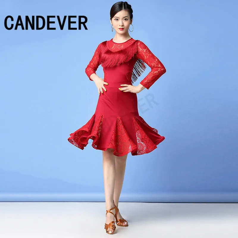 2020 new adult Modern Ballroom Latin Dance Dress lace top skirts tassel Fringe Salsa Tango Wear Performance Stage | Тематическая