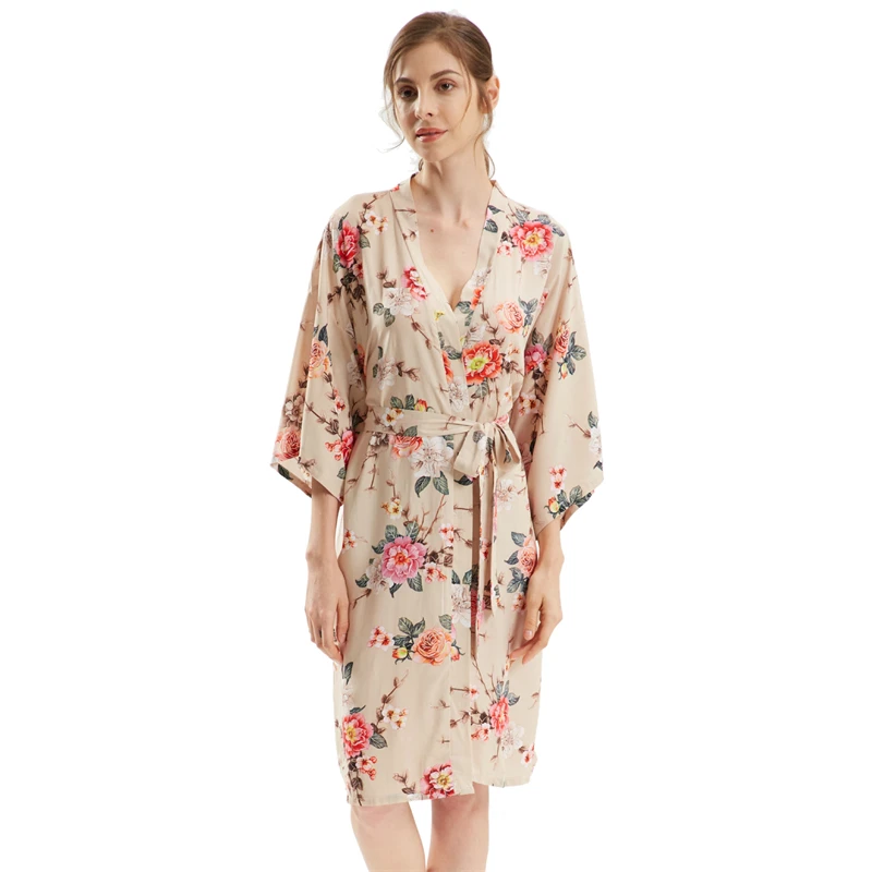 

Summer New Ice Silk Long Cardigan Nightgown Women Pajamas Ladie Fashion Satin Printing Robe Female Kimono Sleepwear Home Clothes