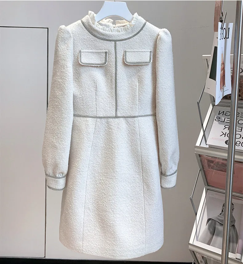 

Женское твидовое платье B500, французское стильное платье с длинным рукавом, украшенное стразами, весна-осень