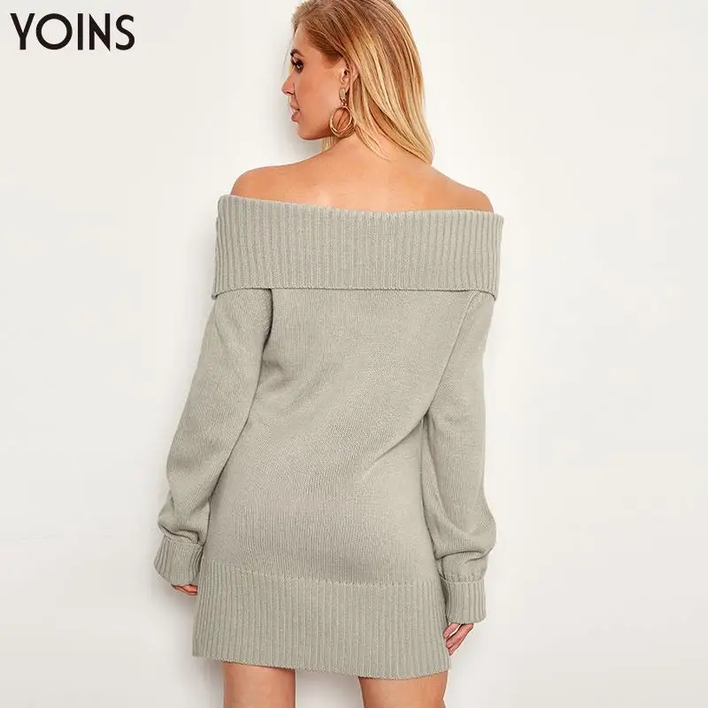 YOINS 2020 Autumn Winter Womens Dress Sweater Off The Shoulder Long Sleeves Mini Length Loose Casual Sexy Streetwear Grey | Женская