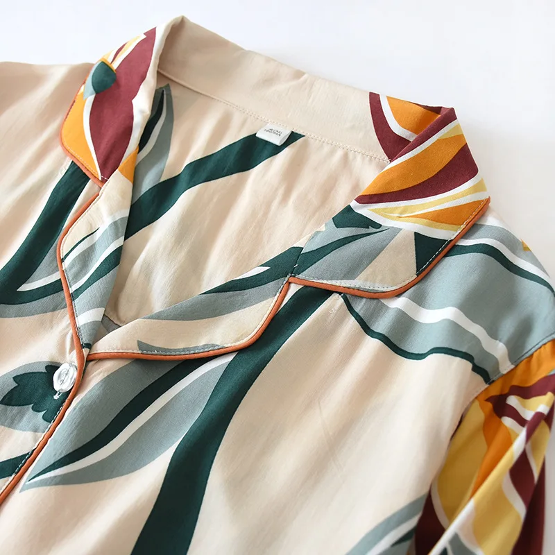 Printed Viscose Pajamas Ladies Thin Style Spring Summer Rayon Long-sleeved Home Service Suit Pajama Set Pijamas Women Sleepwear