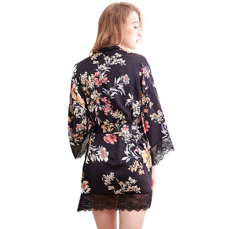 New High-End Style Dressing Gown Women Casual Home Pajamas Ladies Dressing Gown Kimono Printed Silk Soft Silky Bathrobe