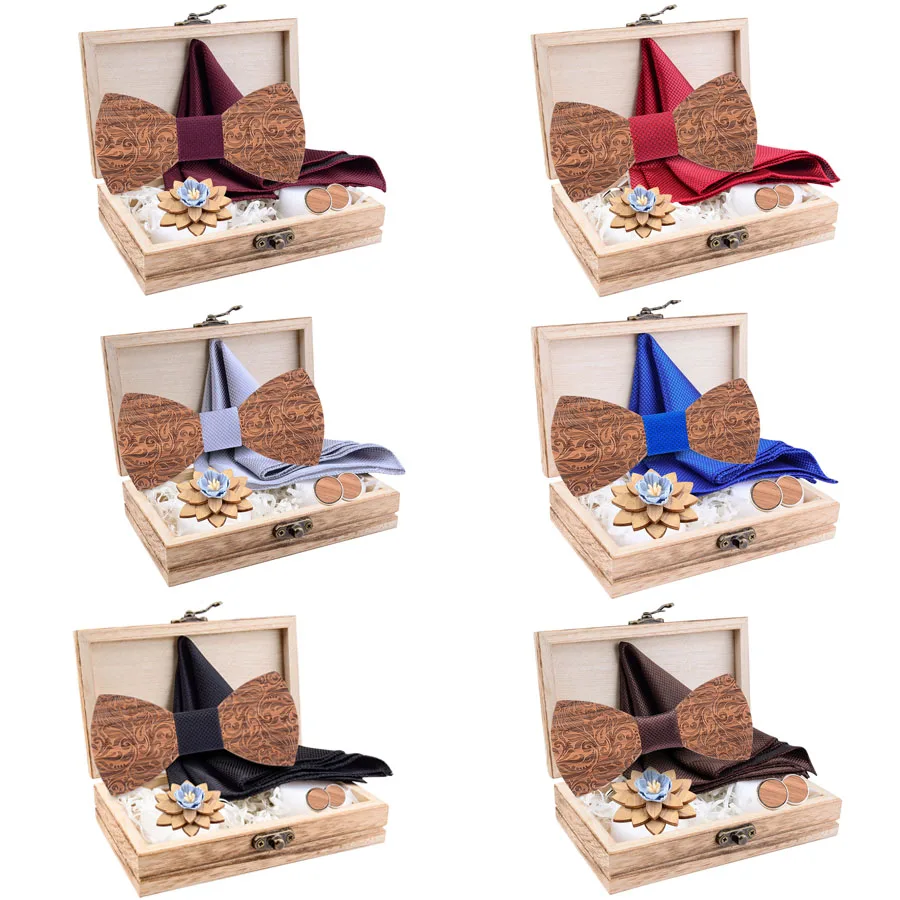 2020 Регулируемый Деревянный Карманный квадратный галстук бабочка набор брошей и