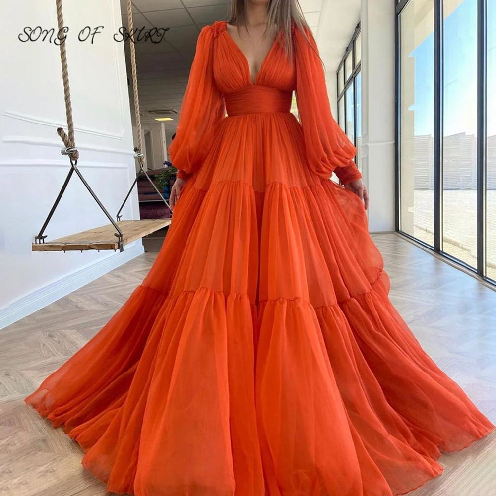 

New Lantern Puff Long Sleeves Prom Dresses Deep V-neck Vibrant Orange Evening Party Pageant Gown Robe De Soirée De Mariage
