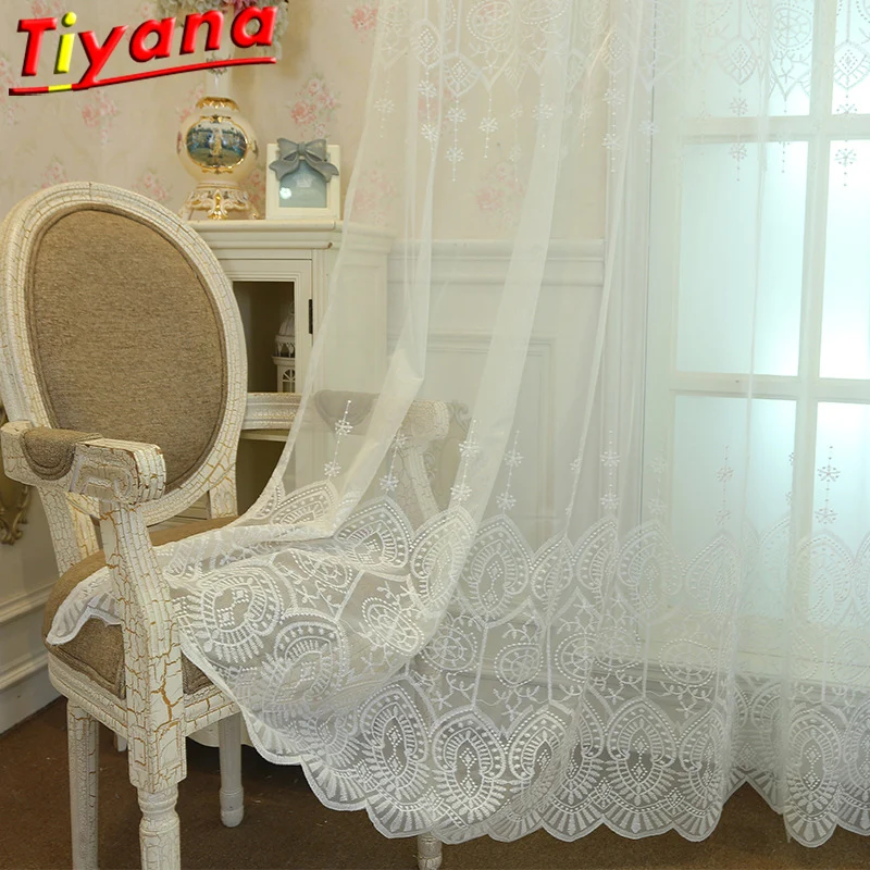 

White Geometric Embroidered Tulle Curtains for Living Room White Mesh Gauze for Bedroom Room Balcony Customized Products #VT