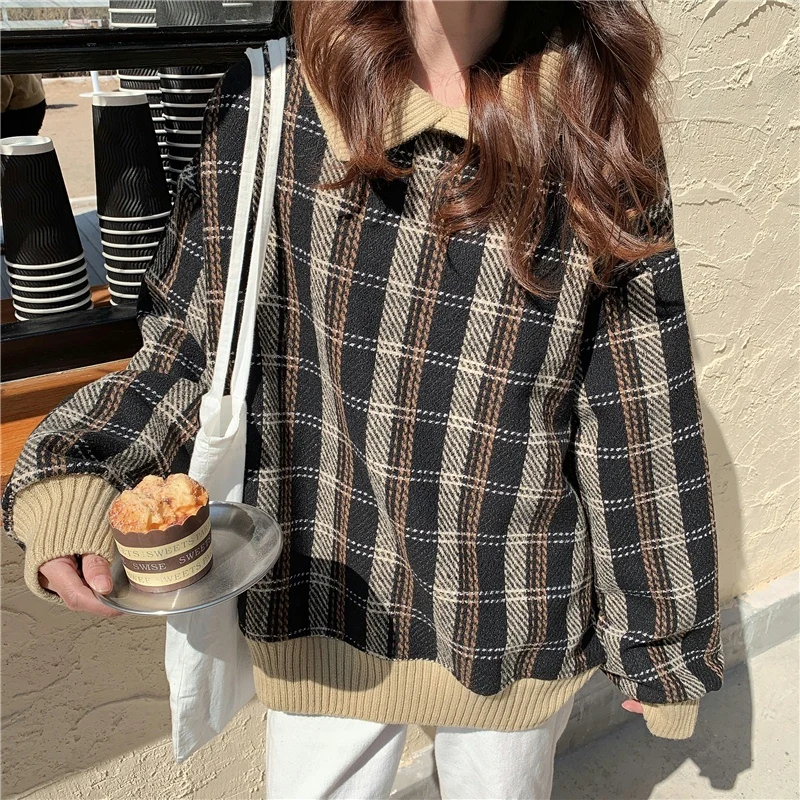 

winter fleece plaid oversized hoodie Women No Hat Hoodies Sweatshirts Pullover Korean Fashion Casual Thicken Students Streetwear