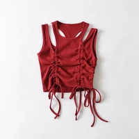new fashion women wear knit pull rope bare shoulder irregular solid color small vest
