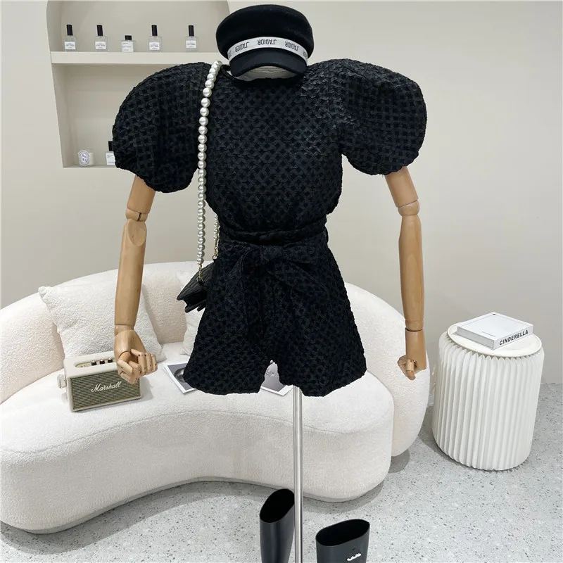 

Women's clothing Summer 2021 Fashion New Rhombic Puff sleeve casual Top + high waist lace up wide leg shorts pants