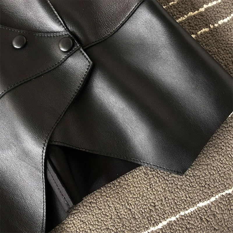 

Real 2021 New Sheepskin Leather Slim Sleeveless Jacket Women Streetwear Irregular Short Waistcoat Black Khaki Office Lady Vest