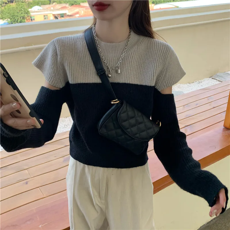 

Off Shoulder Patchwork Sweater Women Winter Long Sleeve Knitted Sweaters Elegant Korean sweater pull femme