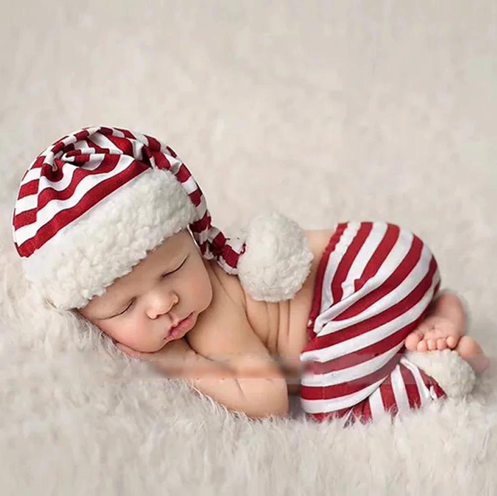 Newborn Photography Clothing Baby Stripe Hat+Pants 2Pcs/set Studio Infant Photo Props Accessories Christmas Photo Costume