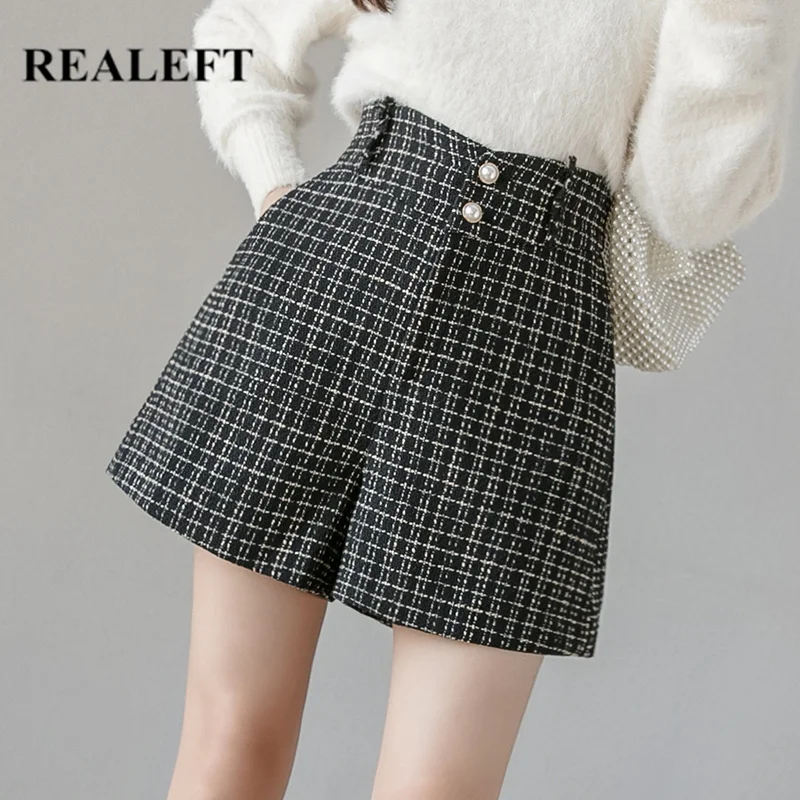 

REALEFT New 2020 Autumn Winter Vintage Plaid Woolen Women's Shorts Button High Waist Casual Wide Leg Short Female Chic Trousers