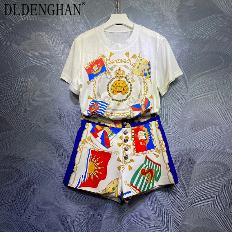 

Костюм DLDENGHAN женский из двух предметов, футболка с круглым вырезом и коротким рукавом, с принтом и бисером + шорты с принтом на пуговицах, мод...