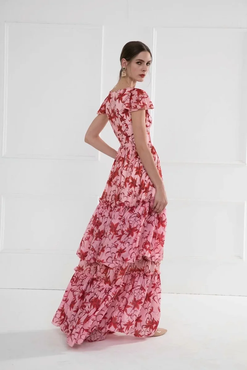 Женское длинное платье в пол богемное пляжное розовое макси с коротким рукавом и