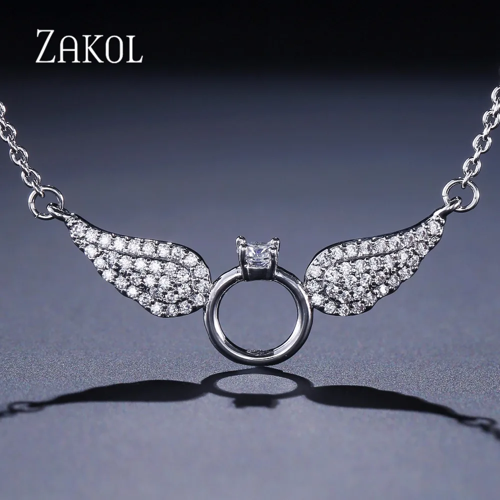 ZAKOL New Fashion Zirconia Angel Wings Pendant &amp Necklaces with White Gold Color Jewelry For Young Girl Women Gift FSNP2035 | Украшения