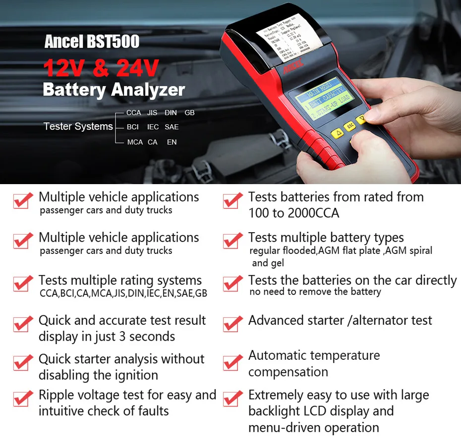 ANCEL BST500 12V автомобиль Батарея тестер 24V Аккумуляторный сканер с Термальность