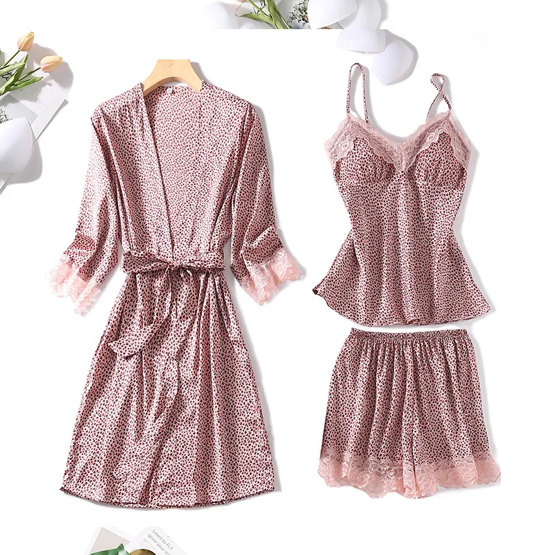 Leopard Pajamas Set Faux Silk Women Sexy Lace Summer Sleepwear Sling and Shorts Satin Lady Pyjamas Homewear Bathrobe Set