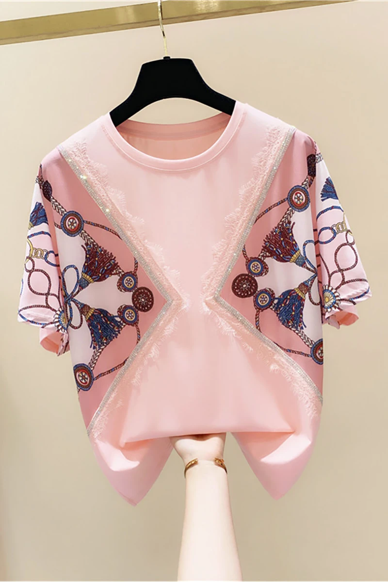 

Printed Stitching Rhinestone Round Neck Short Sleeve Cotton T-shirt for Women 2021 Summer Loose T-shirt Tops Harajuku