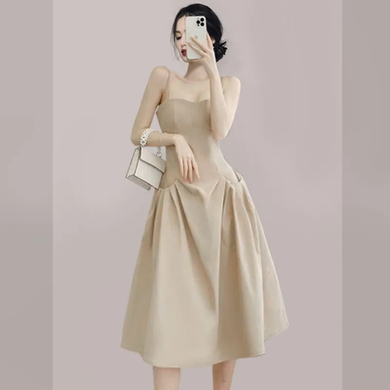 

Женское платье на бретельках, элегантное однотонное облегающее платье без рукавов с высокой талией для вечеринки, лето 2021