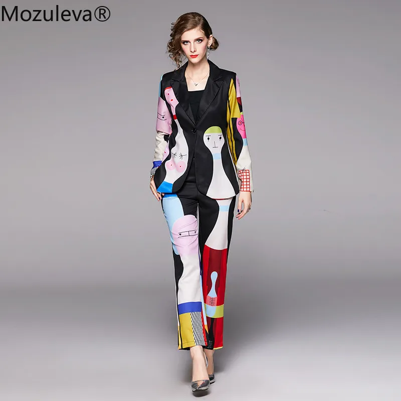Mozuleva 2020 новинка женские брючные костюмы мультяшный принт длинный рукав деловые
