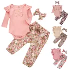 Одежда для маленьких девочек от 6 до 9 месяцев, зима 2021, однотонный комбинезон в рубчик для новорожденных девочек с оборками + штаны с цветочным принтом, наряды для младенцев