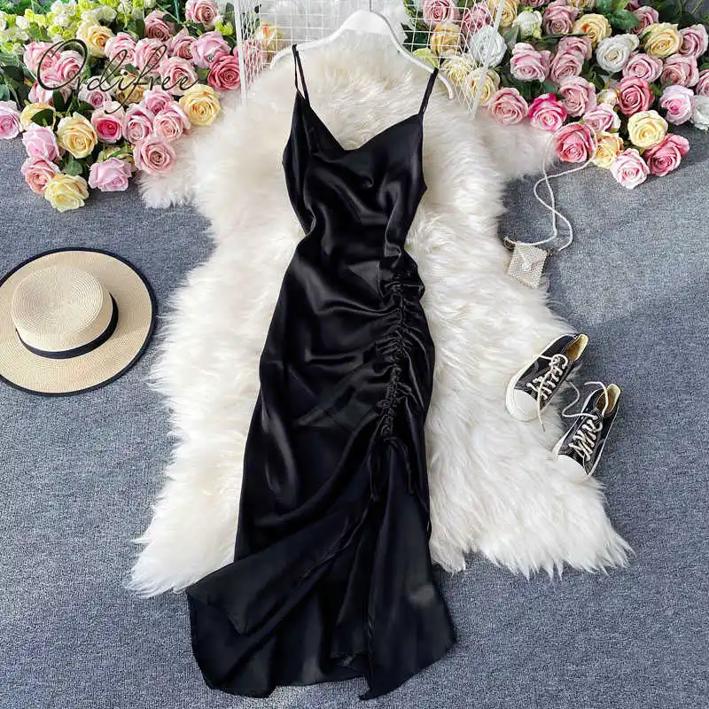

2021 Summer Women Long Slip Satin Dress Backless Draped Drawstring Side Slit Tunic Party Maxi Dress
